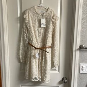 NWT Zara Cream Embroidered Long Sleeved Dress with Belt in size 13-14